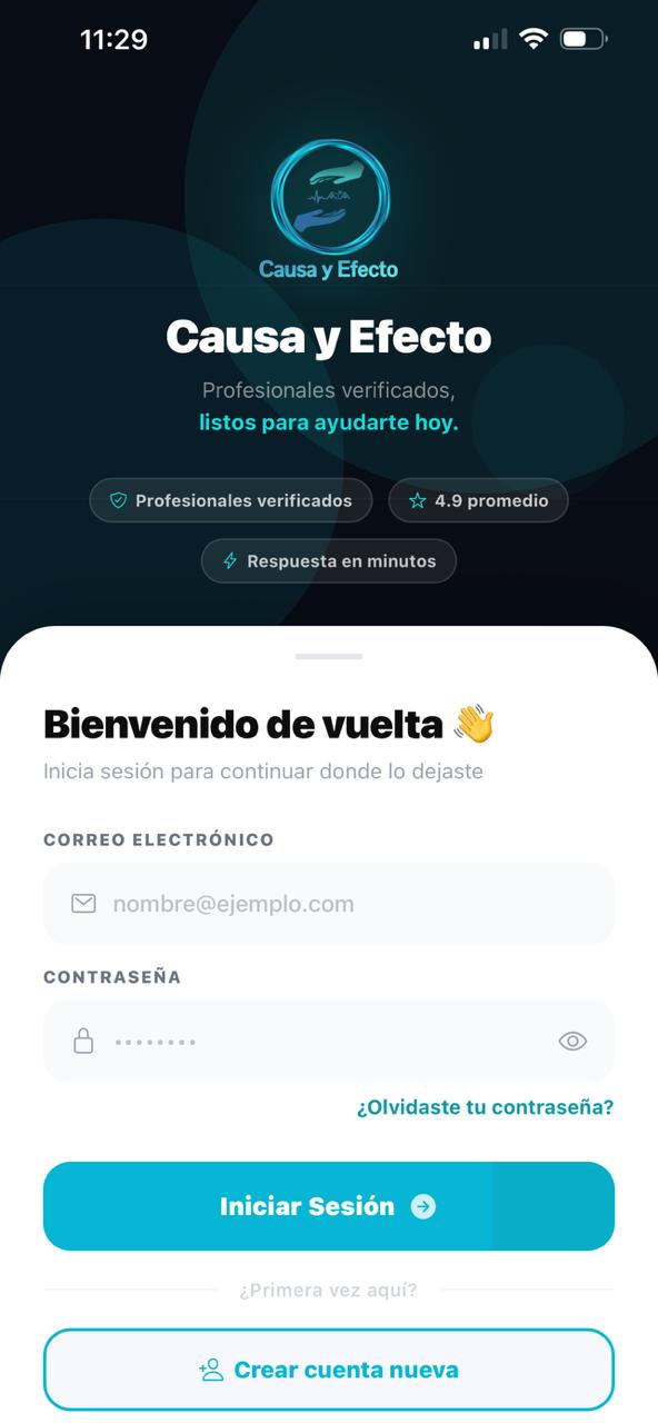 Pantalla de inicio de sesión de Causa y Efecto