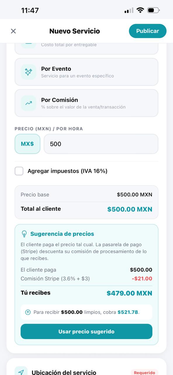 Pantalla de precios para profesionales mostrando el pago directo vía Stripe